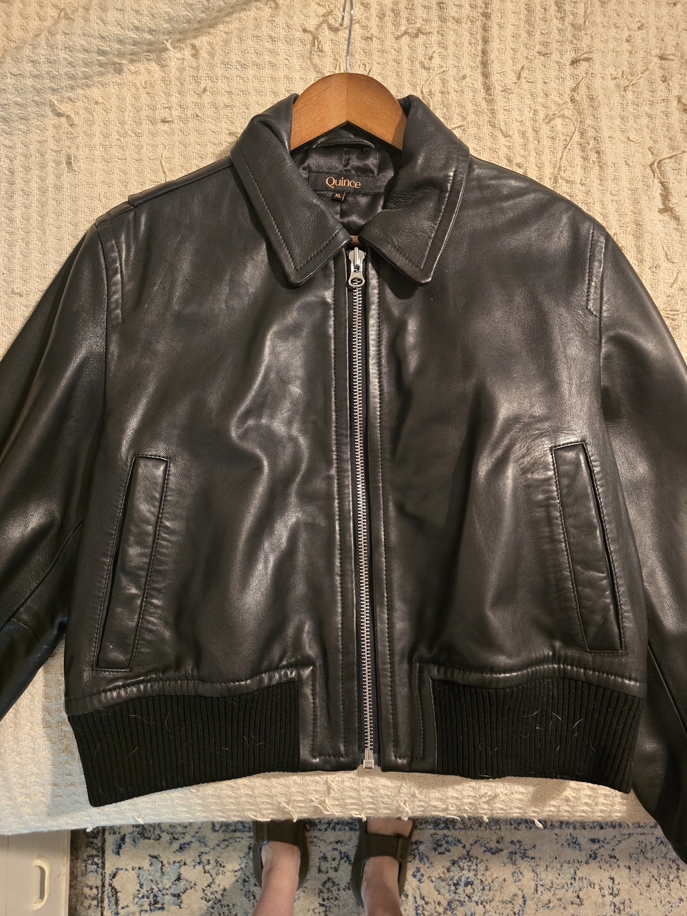 Quince Cropped Black Leather Bomber Jacket with Ribbed Hem